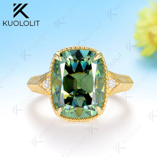 Kuololit 7CT OMC Cyan Cushion Custom Moissanite Engagement Ring for Women Solid 14K 10K 585 Yellow Gold Ring for Christmas Gifts