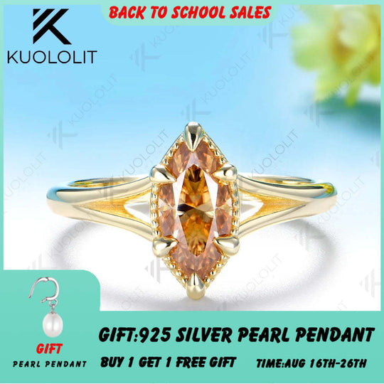 Kuololit 1CT Marquise Champagne Moissanite Custom Ring for Women Men Solid 14K 10K Yellow Gold for Christmas Anniversary Gifts