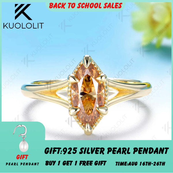 Kuololit 1CT Marquise Champagne Moissanite Custom Ring for Women Men Solid 14K 10K Yellow Gold for Christmas Anniversary Gifts