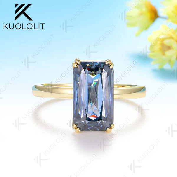 Kuololit 5CT Criss Cut Blue Moissanite Ring for Women Solid 14K 18K Yellow Gold Engagement Ring for Christmas Gifts Anniversary