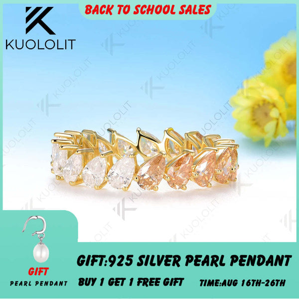 Kuololit 7CTW Half Champagne Moissanite Pear Ring for Women Solid 14K 10K 585 Gold Eternity Full Band for Christmas Gifts Party