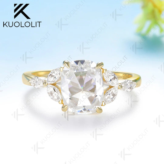 Kuololit 2CT Cushion Rose Cut Moissanite Ring for Women Solid 14K 10K Yellow Gold Engagement Ring for Anniversary Christmas Gift