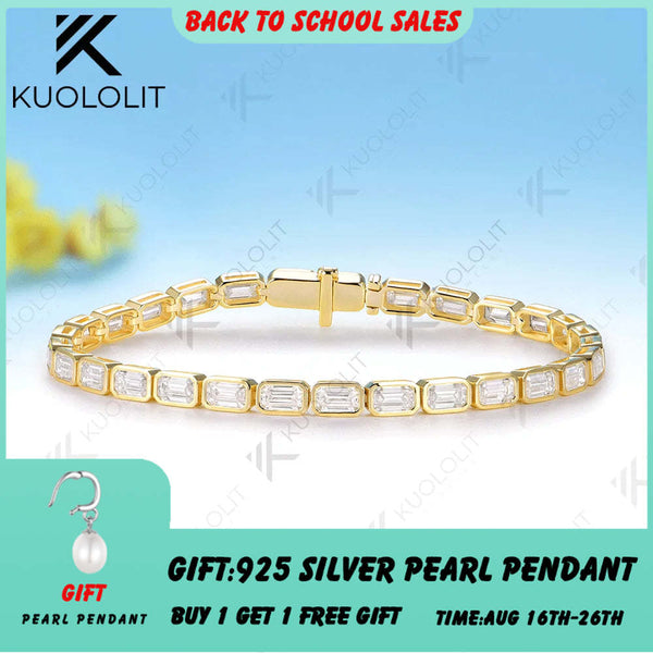Kuololit 12CTW Emerald Cut Moissanite Custom Bracelet for Women Men 14K 10K 585 Yellow Gold for Engagement Christmas Jewelry