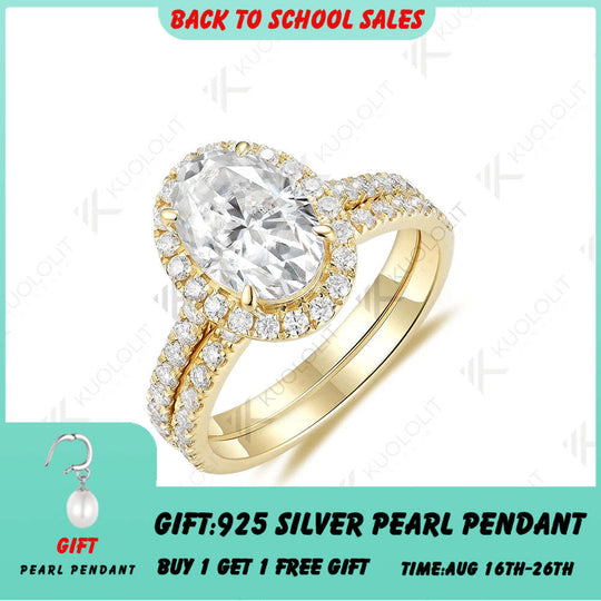 Kuololit 3CT Oval Cut Moissanite Set Ring for Women Solid 18K 14K 10K 585 Yellow Gold Band for Engagement Wedding Christmas