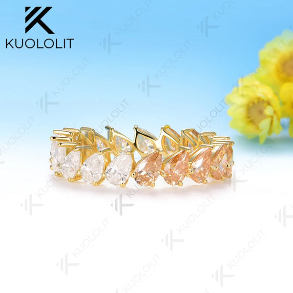 Kuololit 7CTW Half Champagne Moissanite Pear Ring for Women Solid 14K 10K 585 Gold Eternity Full Band for Christmas Gifts Party