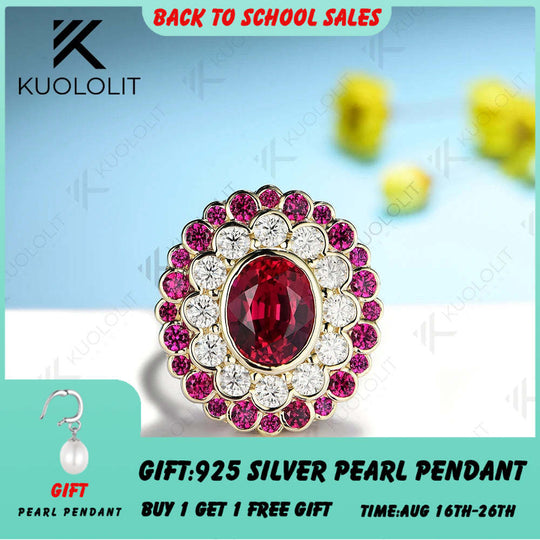Kuololit 3CT Lab Grown Ruby with Moissanite Rings for Women Olid 14K 10K 585 White Gold Silver for Engagement Wedding Christmas