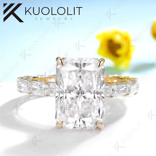 Kuololit 7CT Center Radiant Cut Moissanite Ring for Women Solid 14K 10K 585 Yellow Gold Engagement Ring for Christmas Gifts