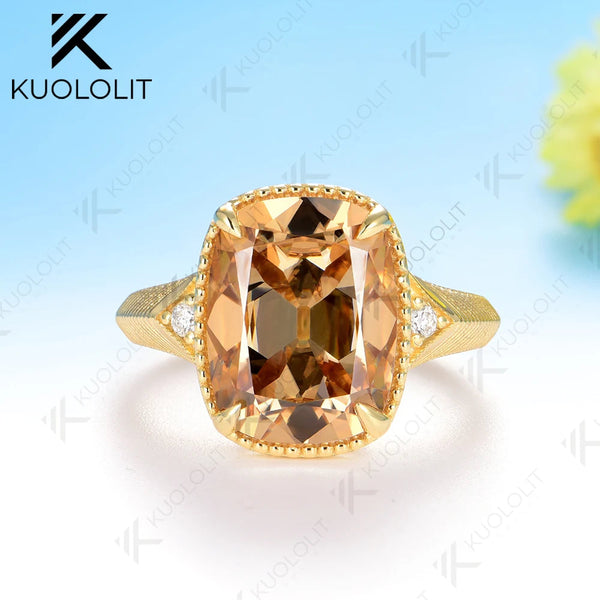 Kuololit 7CT OMC Cushion Champagne Custom Moissanite Ring for Women Solid 14K 10K 585 Yellow Gold for Christmas Gifts Party