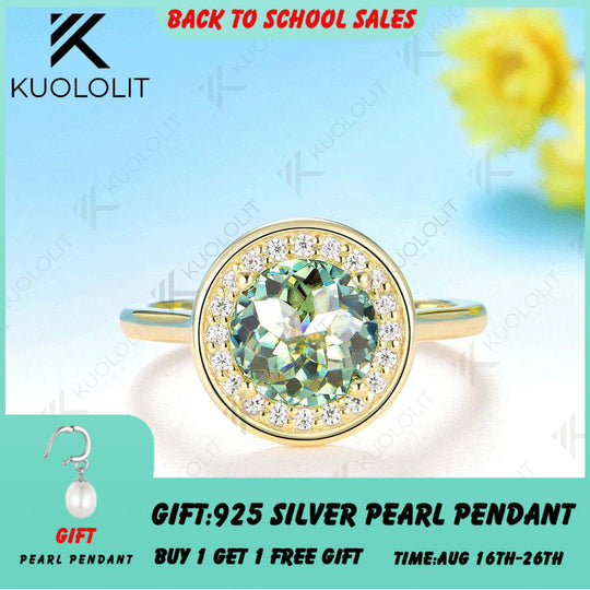 Kuololit 2CT Jubilee Cut Cyan Round Moissanite Ring for Women Solid 14K 10K 585 Yellow Gold Engagement Ring for Christmas Gifts