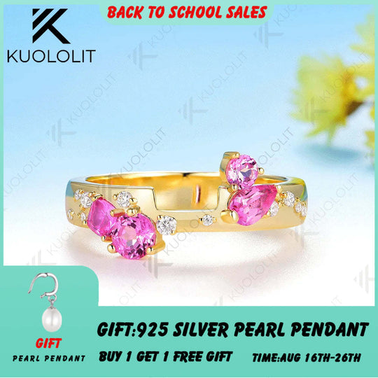 Kuololit Lab Grown Pink Sapphire Moissanite Ring for Women Men Solid 10K 14K Yellow Gold for Anniversary Christmas Gifts Party