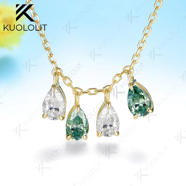 Kuololit 2CTW Cyan White Moissanite Custom Necklace for Women Men Solid 585 14K 10K Yellow Gold Pear Chain for Christmas Gifts