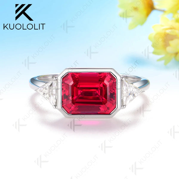 Kuololit 3CT Lab Grown Ruby Emerald Cut Moissanite for Women Solid 10K 585 White Gold Asscher Ring for Engagement Christmas Gift