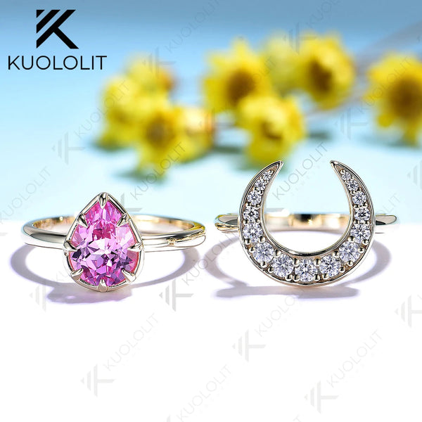 Kuololit 2.2CT Lab Grown Pink Sapphire Set Ring for Women Solid 14K 10K Yellow Gold Ring for Anniversary Christmas Gift Custom