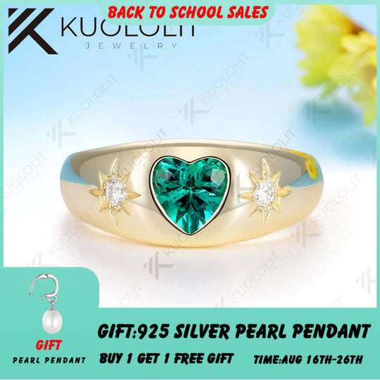 Kuololit 0.8CT Lab Grown Emerald Diamonds Ring for Women Solid 14K 10K 585 Yellow Gold Heart Ring for Anniversary Christmas Gift