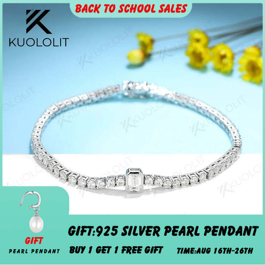 Kuololit 4.58CTW Moissanite Tennis Bracelets for Women Men 14K 10K 585 Solid Gold Silver Emerald Cut  for Engagement Christmas