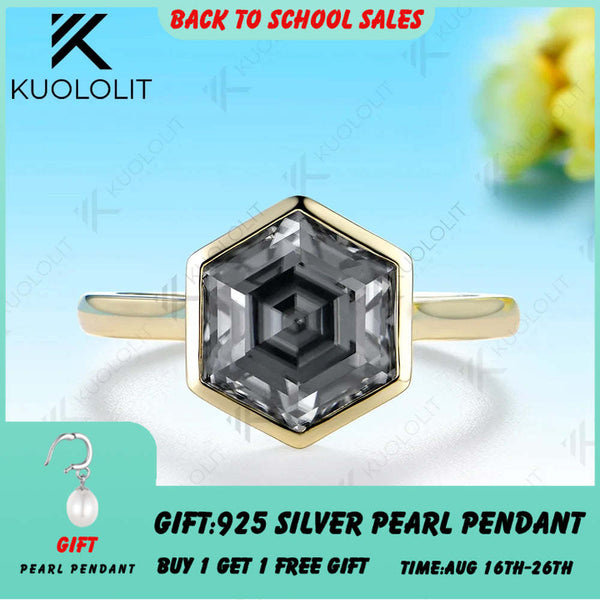 Kuololit 4CT Grey Moissanite Hexagon Cut Custom Set Ring for Women Solid 14K 10K 585 Yellow Gold Ring for Christmas Gifts Party