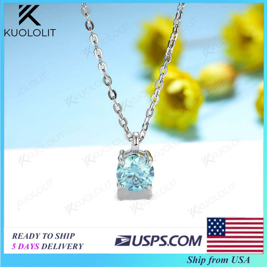 Kuololit 5.0mm Cyan Moissanite  Necklace for Women Sterling 925 Silver Pendant for Christmas Gifts Party