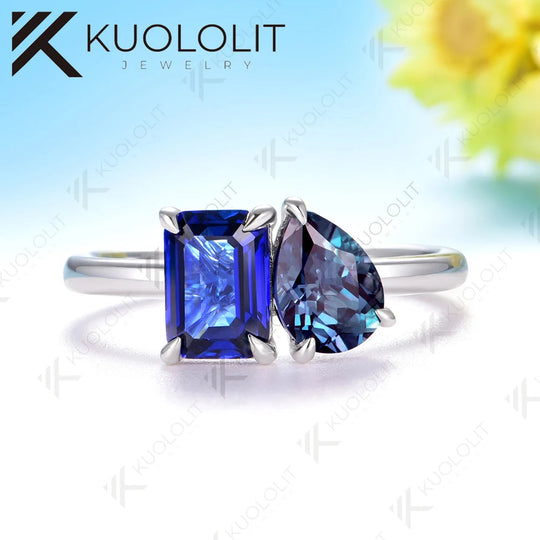 Kuololit 2CTW Lab Grown Alexandrite Blue Sapphire Solid 14K 10K Gold Gemstone Engagement Rings for Christmas Anniversary Party
