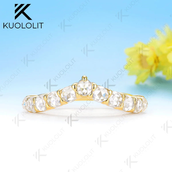 Kuololit 1.1CTW Rose Cut Moissanite V Ring for Women Solid 585 14K 10K Gold Wedding Band Ring for Anniversary Gifts Christmas