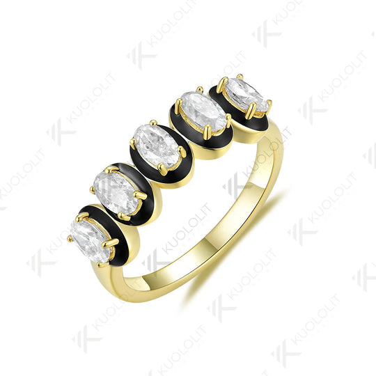 Bague Kuololit en or jaune massif 10K (585) avec moissanite ovale de 1,5 carat et émail noir, idéale pour Noël. 