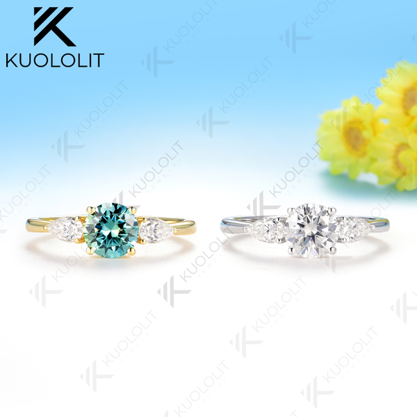 Kuololit 1CT Round Cyan Moissanite Engagement Ring for Women Solid 14K 10K 585 Yellow Gold Ring for Christmas Gifts Party