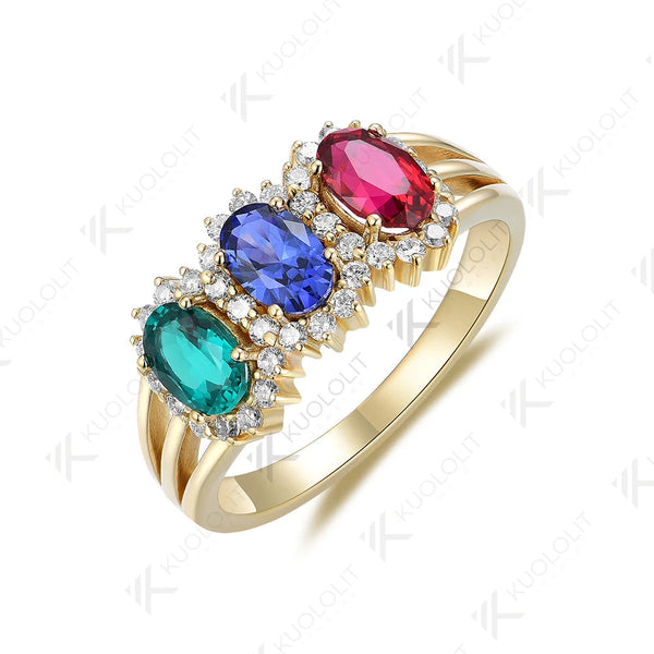 Kuololit Laborgezüchtete blaue Saphir-Rubin-Ringe für Damen, massiver 14K 10K 585 Gold Moissanit-Smaragd-Verlobungsring für Weihnachten 