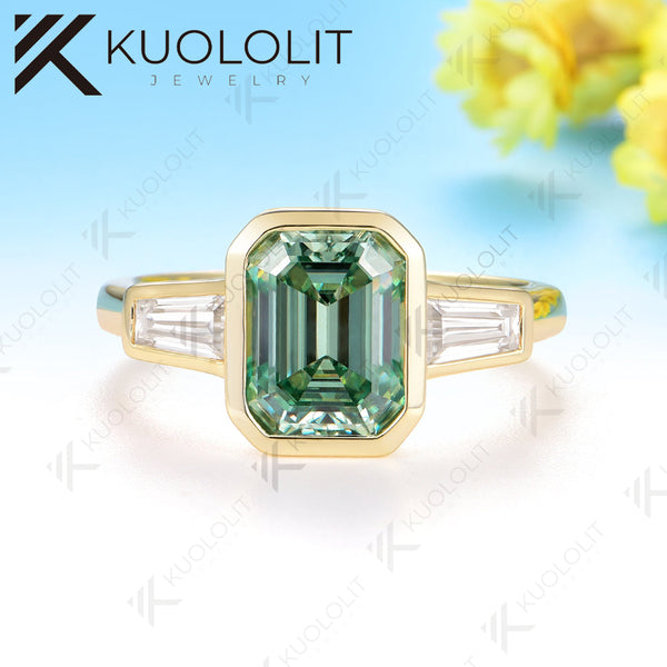 Kuololit 3CT Emerald Cut Cyan Moissanite Engagement Ring for Women Solid 14K 10K 585 Yeollw Gold Ring for Christmas Gifts Engagement
