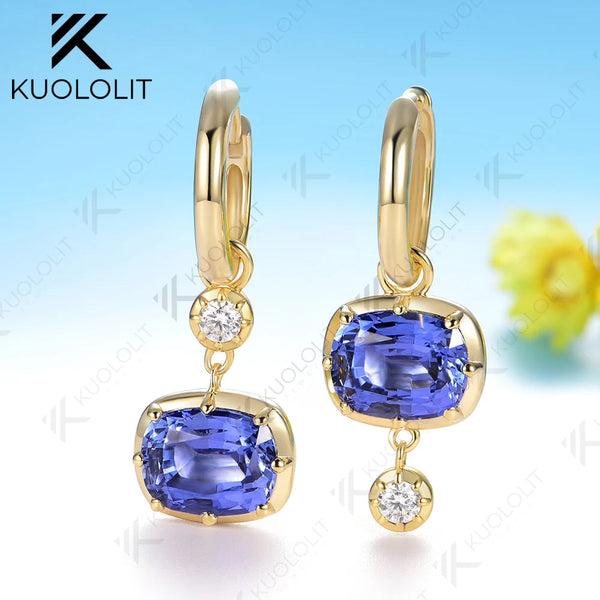 Kuololit 5CTW Lab Grown Diamond Blue Sapphire Hoop Earrings for Women Solid14K10K Yellow Gold 585 Gold for Christmas Gifts Party