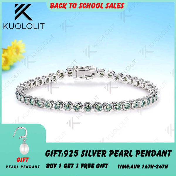 Kuololit Champagne Cyan Moissanite Round 3.0mm Tennis Bracelet for Women Solid 14K 10K 585 White Gold Bracelet for Engagement Christmas Gift