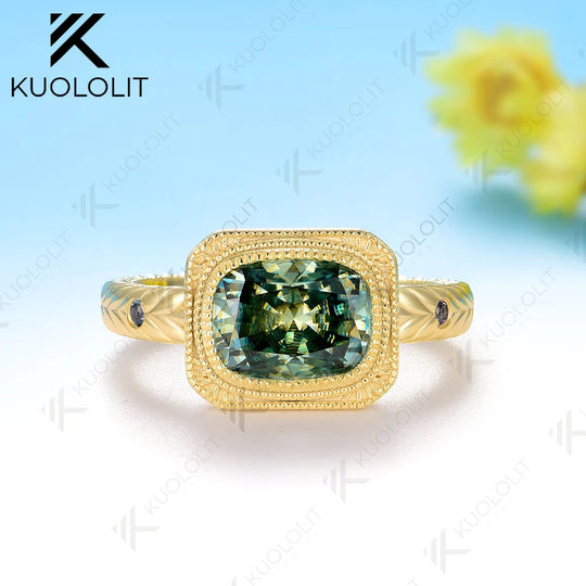 Kuololit 2.5CT Cushion Cut Cyan Moissanite Ring for Women Solid 14K 10K 585 Yellow Gold Engagement Ring for Christmas Gift Party