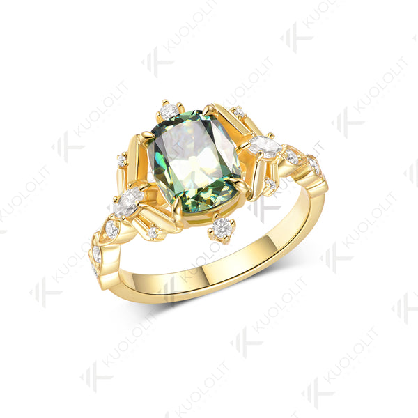 Kuololit 3CT OMC Cyan Champagne Moissanite for Women Solid 14K 10K 585 Yellow Gold Cushion Engagement Ring for Christmas Gifts
