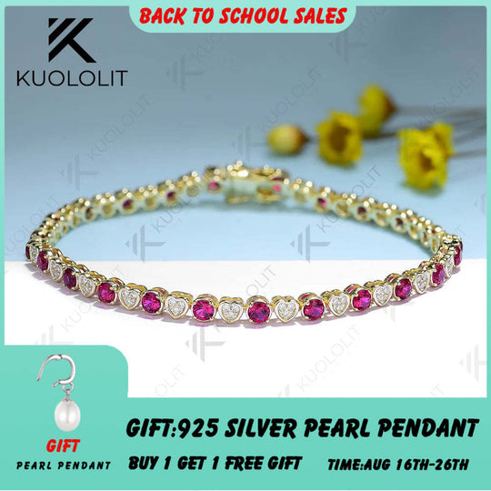 Kuololit Lab Grown Ruby Tennis Bracelet for Women Men Solid 18K 14K 10K 585 Yellow Gold Moissanite Bracelet for Christmas Gifts