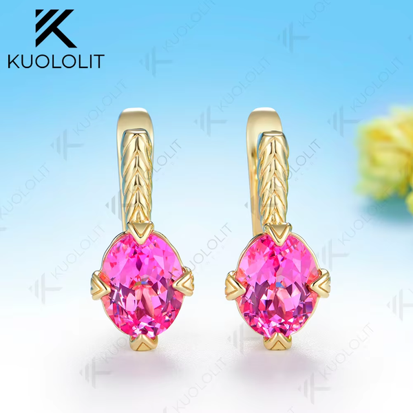 Kuololit 4CTW Oval Moissanite Lab Pink Sapphire Stud Earrings for Women Solid 14K 10K 585 Yellow Gold Oval Cut for Christmas Gifts Party