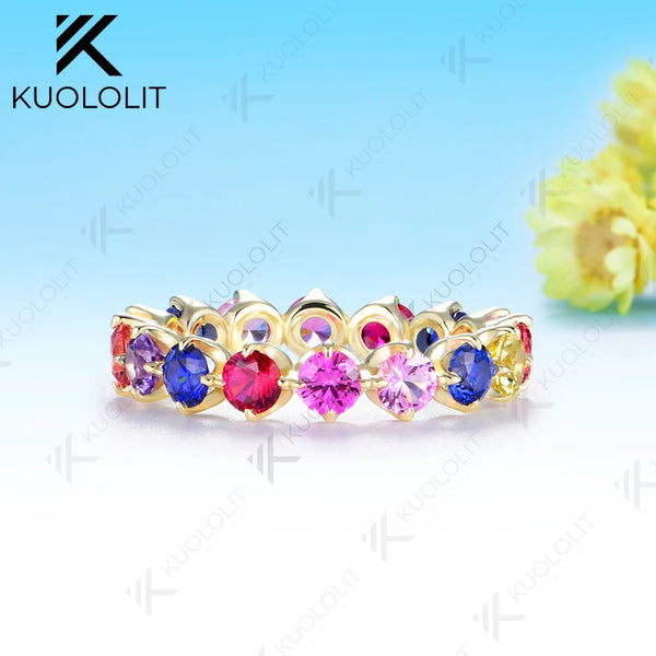 Kuololit Lab Grown Rainbow Sapphire Custom Ring Band for Women Solid 14K 10K 585 Yellow Gold Eternity Full Band for Christmas Gifts