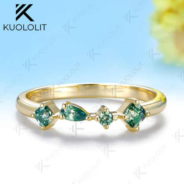 Kuololit 0.46CTW Cyan Moissanite Asscher Cut Custom Wedding Band Ring for Women Solid 14K 10K  Yellow Gold Ring for Anniversary Christmas Gift