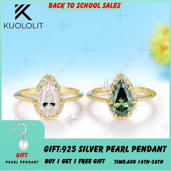 Kuololit 2CT Pear Cut Cyan Moissanite Rings for Women Solid 14K 10K 585 Yellow Gold Pear Cut for Engagement Christmas Gifts Party