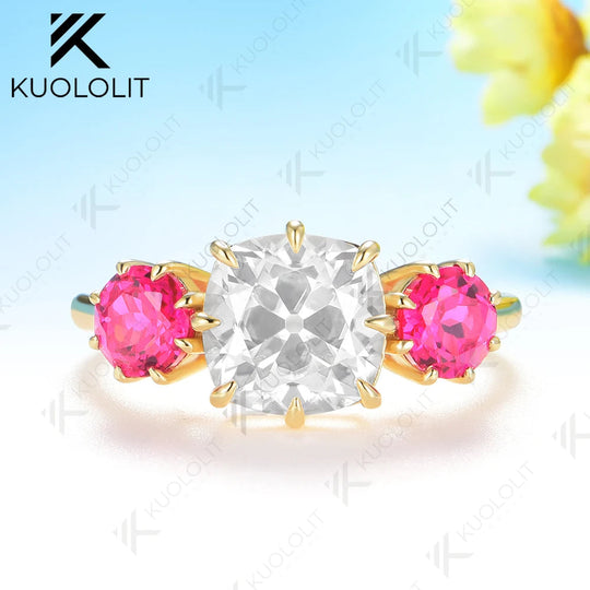 Kuololit 2.5CT OMC Cut Moissanite Lab Grown Ruby Ring for Women Soild 10K 14K Yellow Gold for Christmas Anniversary Engagement