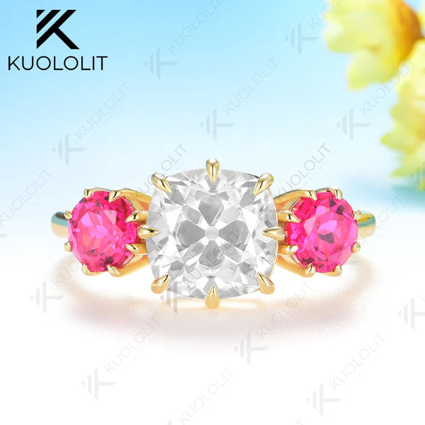 Kuololit 2.5CT OMC Cut Moissanite Lab Grown Ruby Ring for Women Soild 10K 14K Yellow Gold for Christmas Anniversary Engagement