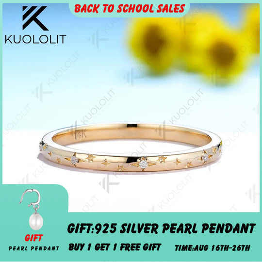 Kuololit Moissanite Band Rings for Women Men Solid 18K 14K 10K 925 Silver Yellow Gold Star Carving for Anniversary Engagement