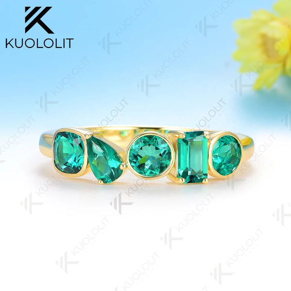 Kuololit 1.7CTW Lab Grown Emerald Ring for Women Solid 14K 10K 585 Yellow Gold for Eternity Half Band Christmas Gifts Jewelry