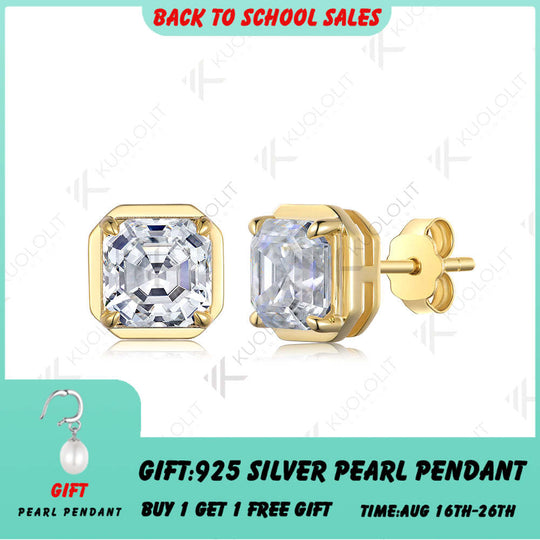 Kuololit 3CTW Asscher Cut Moissanite Earrings for Women Solid 18K 14K 10K Gold Stub Earrings for Anniversary Engagement Gifts