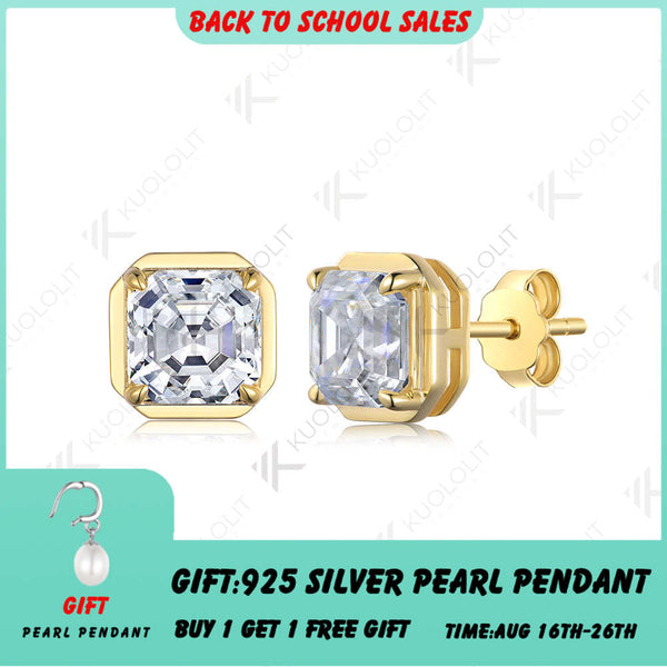 Kuololit 3CTW Asscher Cut Moissanite Earrings for Women Solid 18K 14K 10K Gold Stub Earrings for Anniversary Engagement Gifts