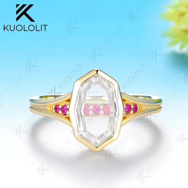 Kuololit 2CT Unique Portrait Cut Rhombus Moissanite Ruby Custom Ring for Women Solid 14K 10K Yellow Gold for Christmas Gifts