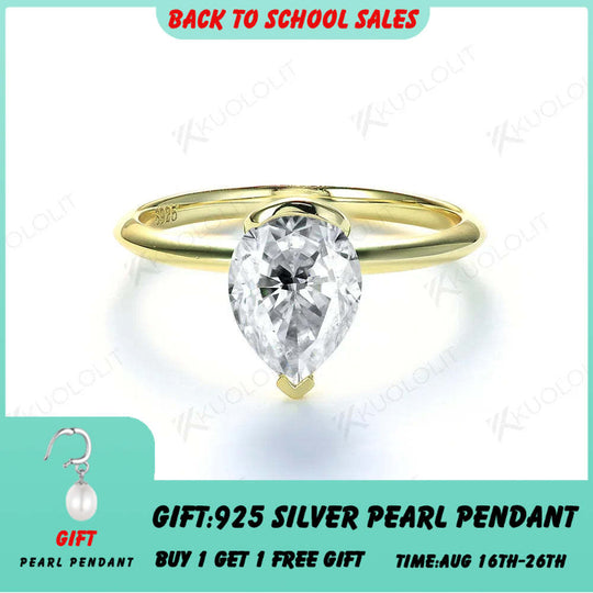 Kuololit Moissanite Rings for Women Solid 18K 14K 10K 925 Sliver Yellow Gold 1.5CT Pear Cut for Anniversary Wedding Engagement