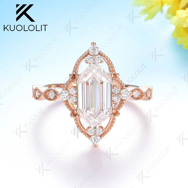Kuololit 2.5ct Enlonged Hexagon Cut Moissanite Ring for Women Solid 14K 10K Rose Gold  for Anniversary Engagement Gift Christmas