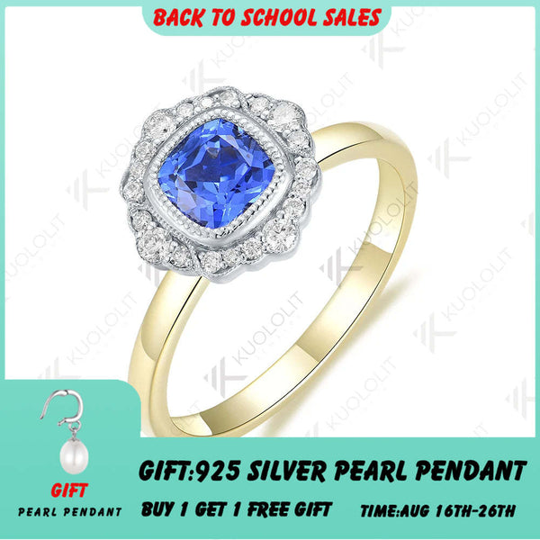 Kuololit 1CT Kissenförmiger Laborblauer Saphirring für Damen, massives 18K 14K 10K 585 Gelbgold, Moissanit-Verlobungsring für Weihnachten 