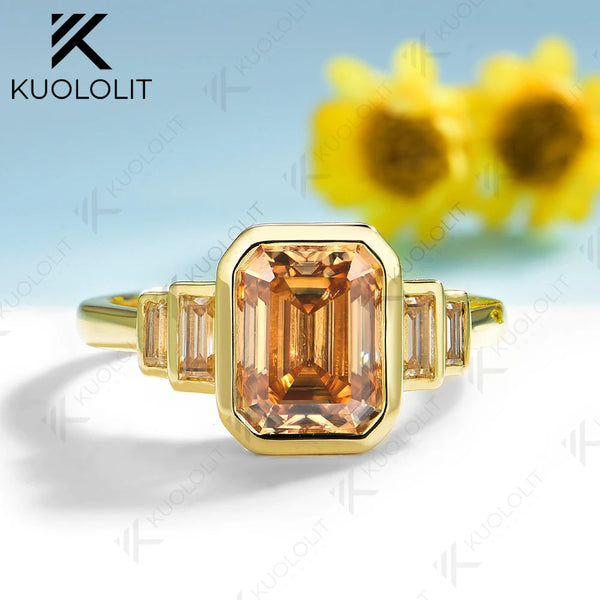 Kuololit 3CT Emerald Champange Moissanite Engagement Ring for Women Solid 14K 10K Gold Emerald Cut Ring for Christmas Gift Party  Wedding