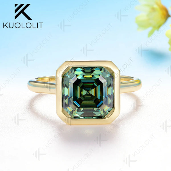 Kuololit 3.5CT Asscher Cut Cyan Moissanite for Women Solid 14K 10K 585 Yellow Gold for Engagement Wedding Christmas Gifts Party