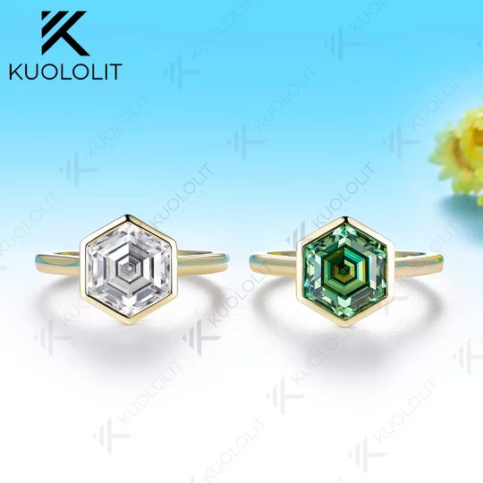 Kuololit 4CT Moissanite Custom Ring for Women Solid 14K 10K 585 Yellow Gold Hexagon Cut Engagement Ring for Christmas Gifts