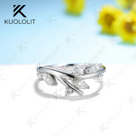Kuololit Moissanit-Ring (0,45 ct) aus 18K/14K 585 Weißgold für Damen, Zweig-Marquise-Schliff, Solitär, passender Ring, Verlobungs- oder Weihnachtsring 